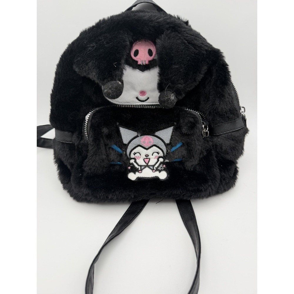 Sanrio Kuromi Plush Mini Backpack Black Pink Skull Furry Kawaii Bag